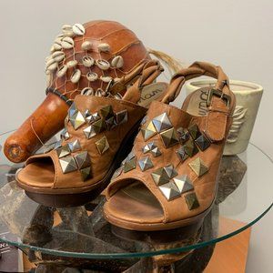 Sam Edelman Juno gold and silver studded brown leather sling back wedge sandal